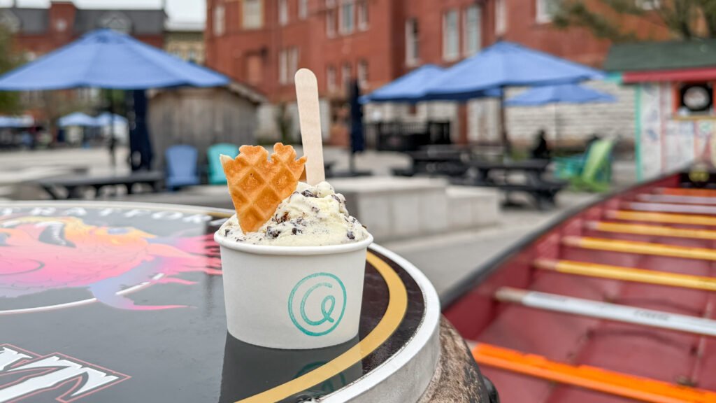 Angela's Stratford | Krista the Explorer Small bowl with one scoop of gelato and waffle cone topper.