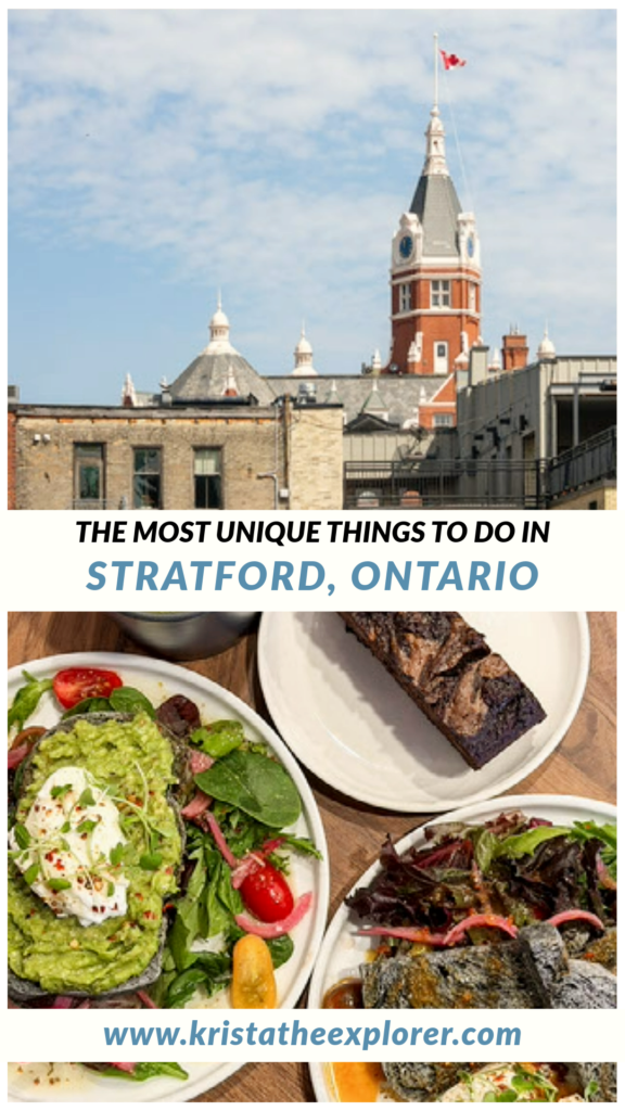 Stratford | Krista the Explorer View of city hall clock tower and table with brunch dishes.