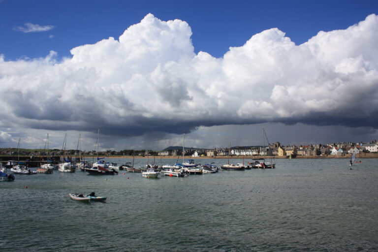 View of the town of Elie from across the harbour.