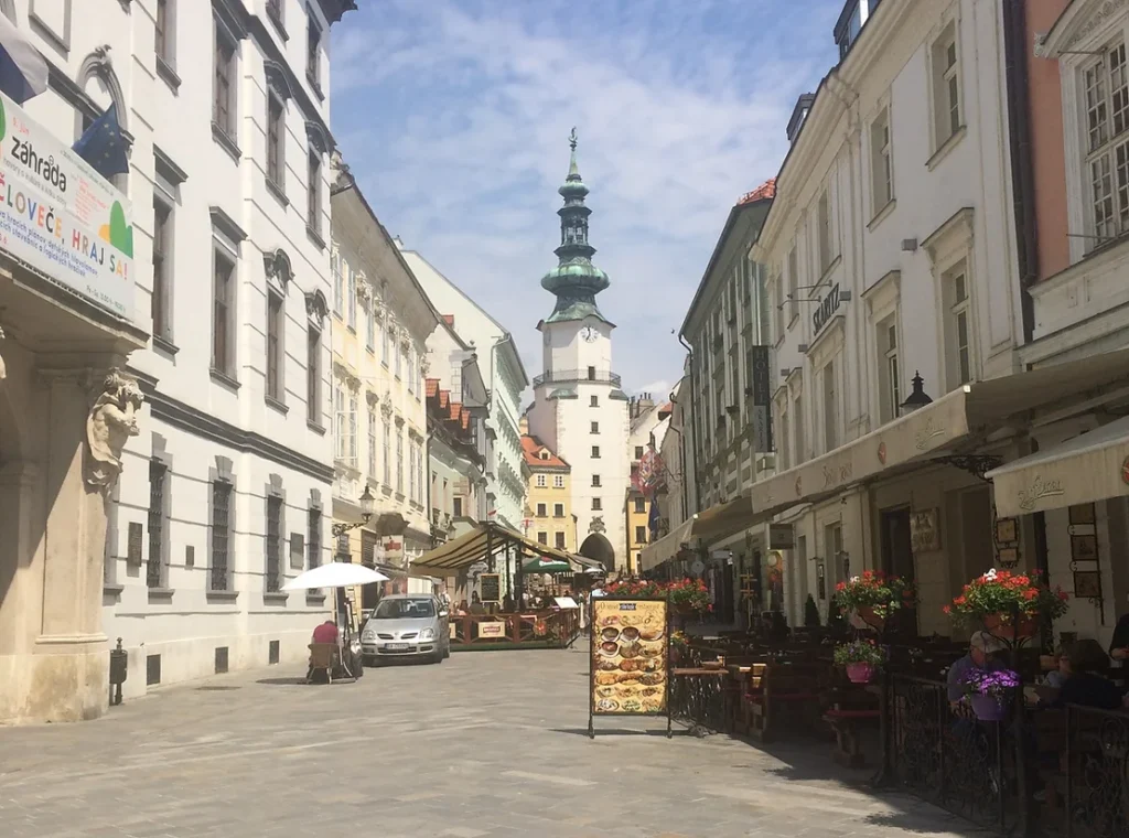 View of Michael's Gate in the old town of Bratislava.
