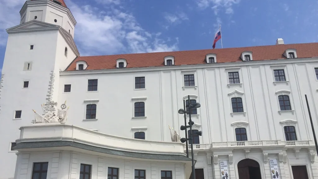 Exterior of white castle in Bratislava.