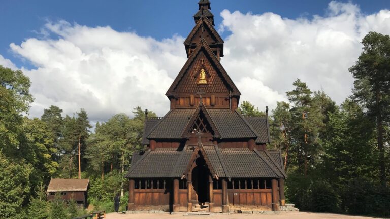 Wooden church in outdoor museum in Oslo.