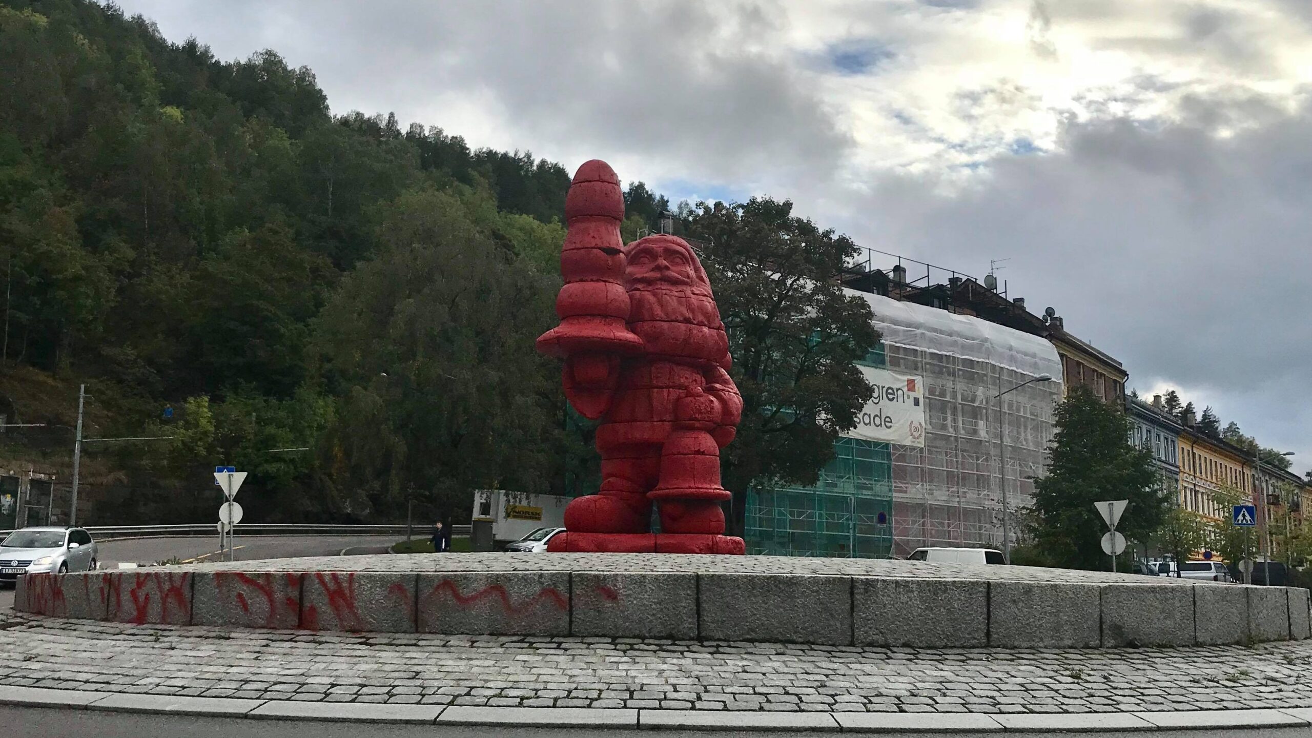 Large red Santa statue in Oslo.