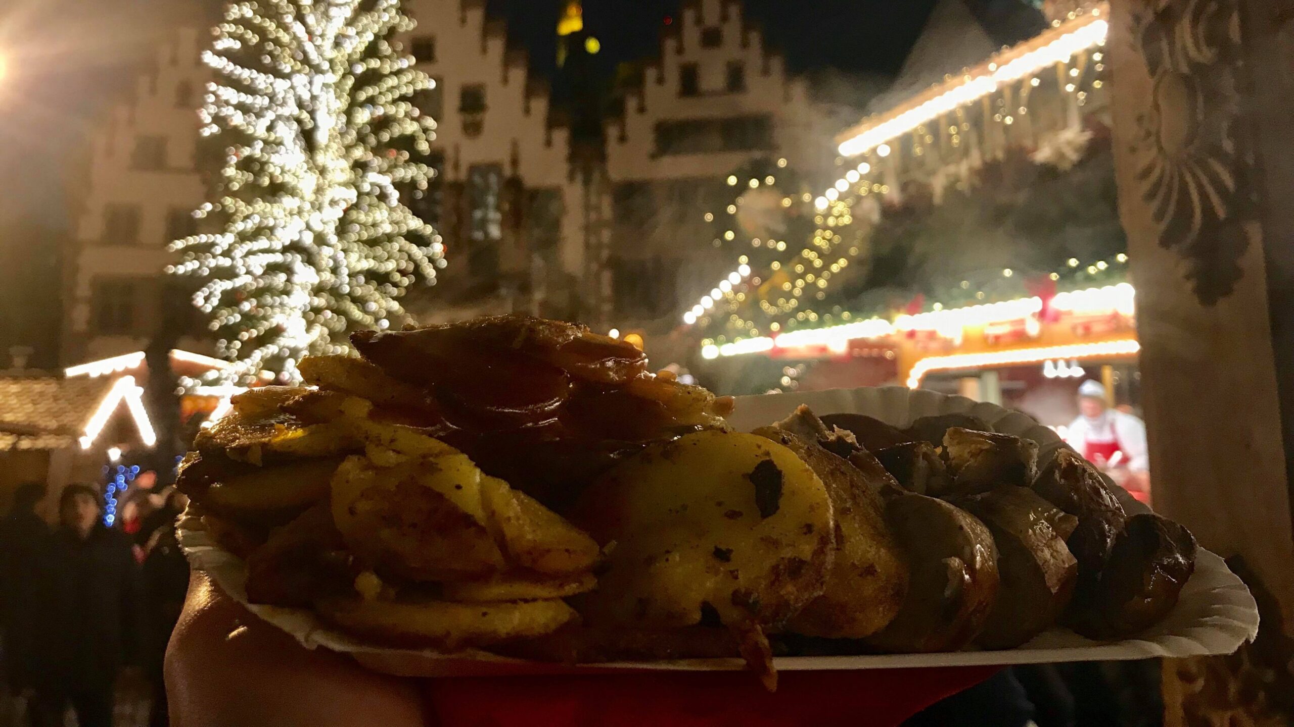 Plate of sliced potatoes with onions in Frankfurt.