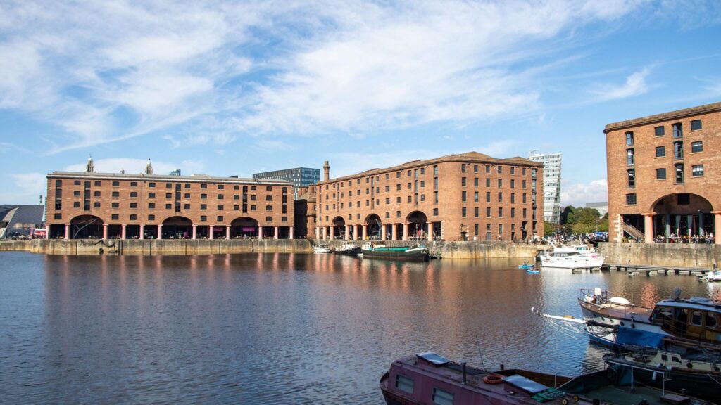 View of Albert Dock in Liverpool on sunny day.