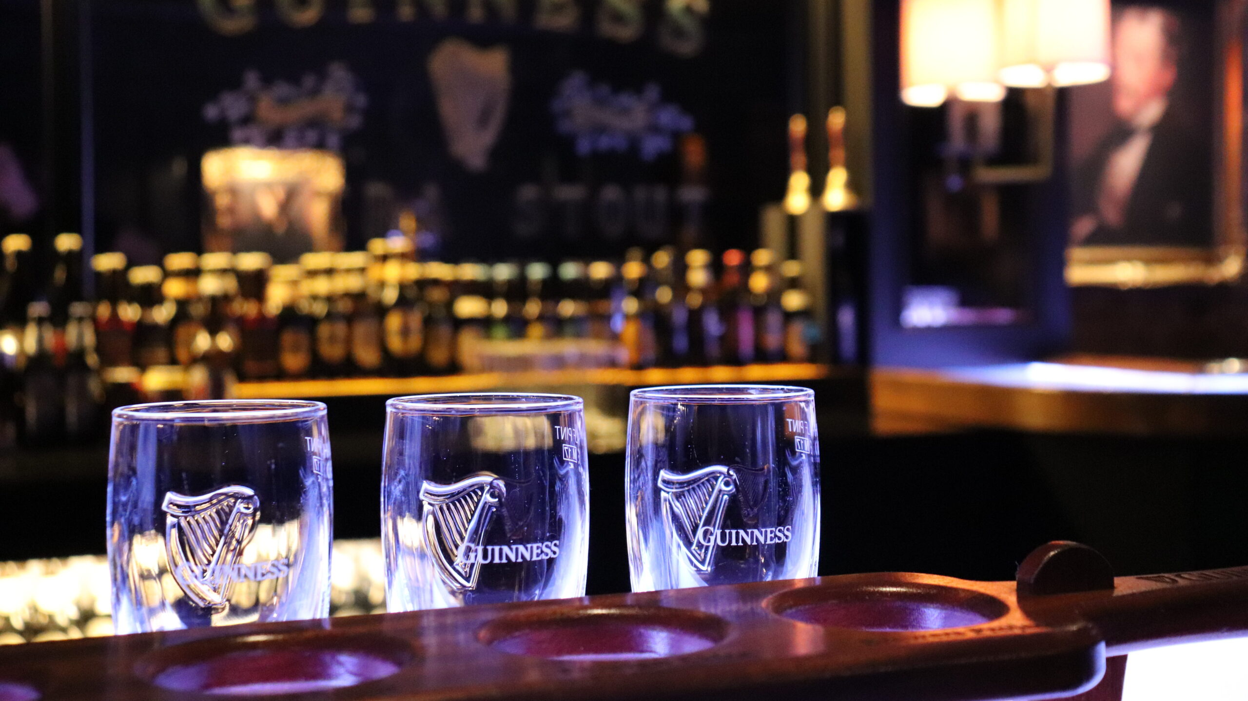 Row of empty Guinness glasses in Dublin.