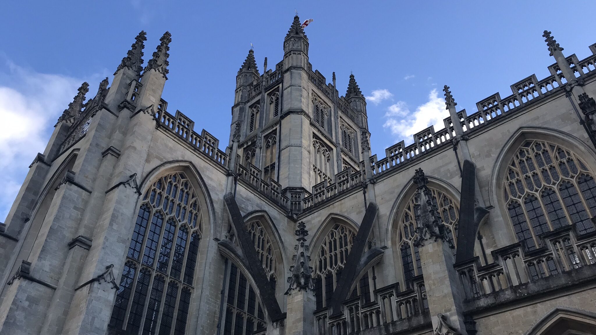 View of the tower of Bath Abbey from below.