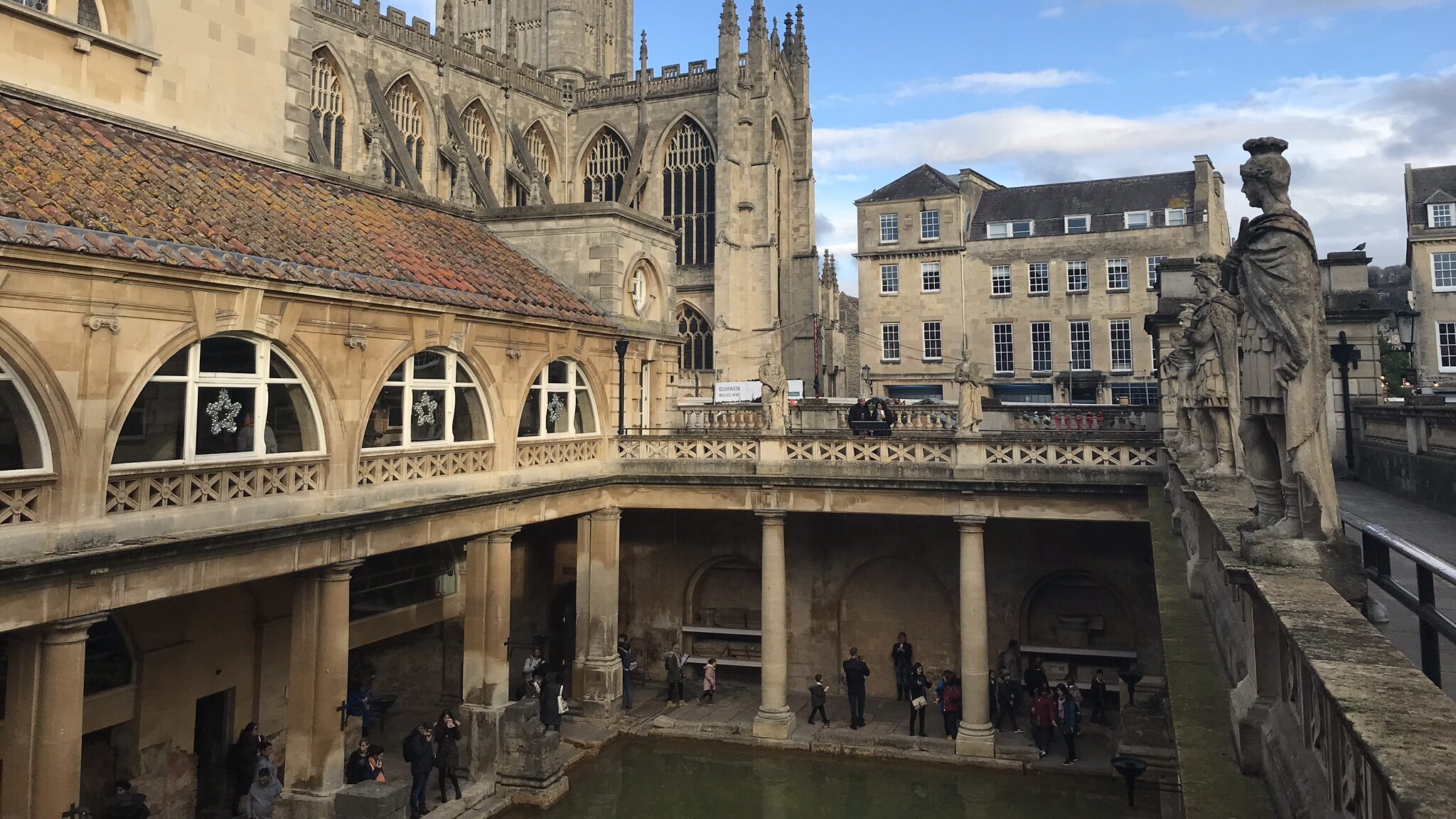 View of Roman Baths and abbey in Bath.