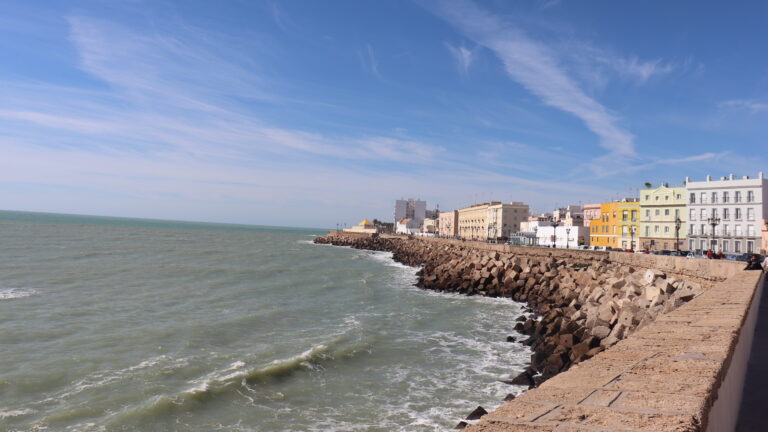 Waterfront in Cadiz with colourful buildings.