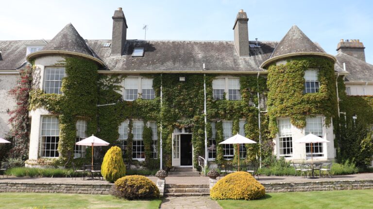 Exterior of luxury Rufflets Hotel in Scotland.