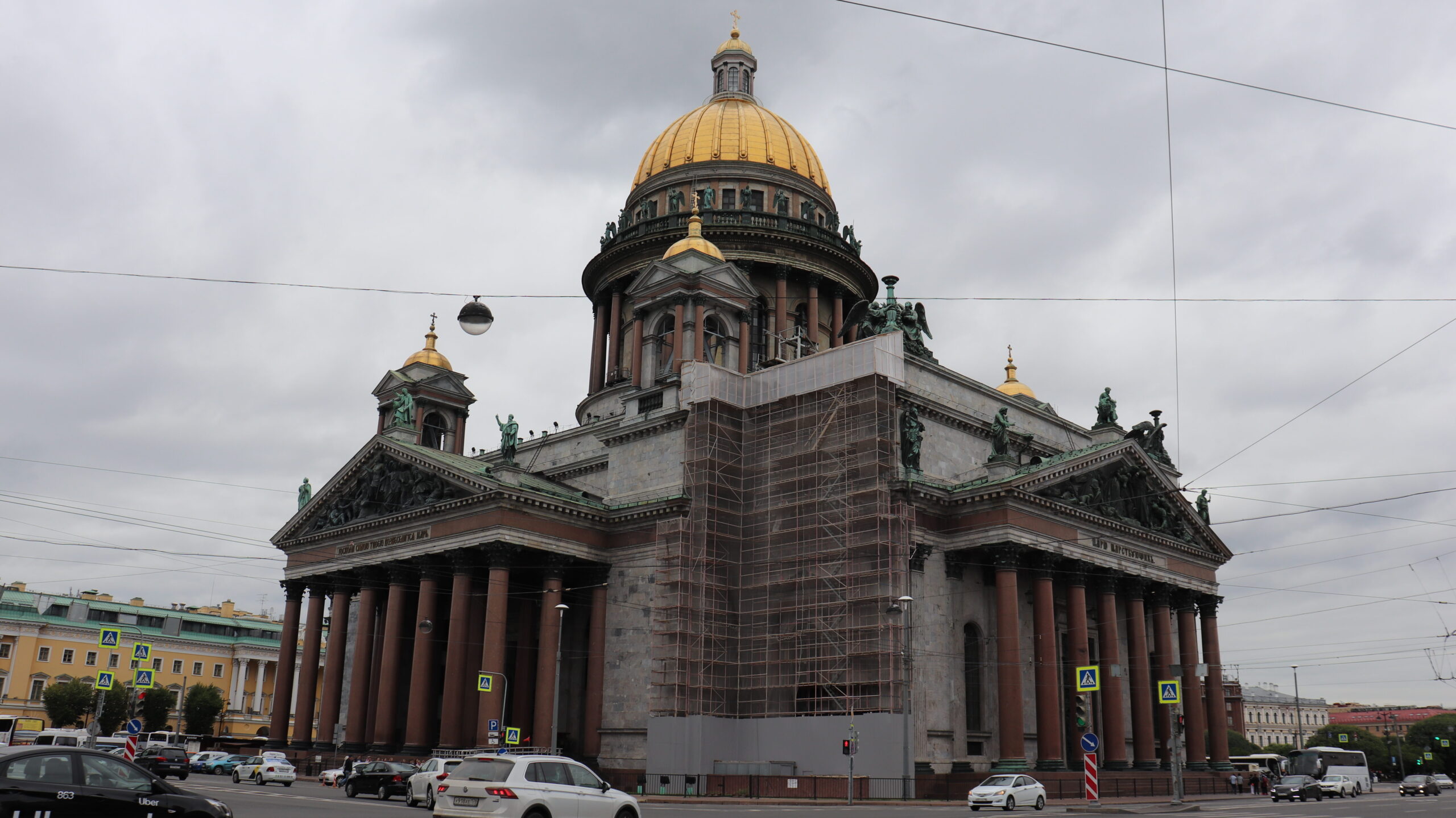 Large cathedral in St Petersburg with scaffolding.