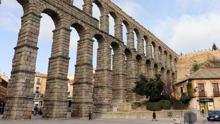 View of Segovia Aqueduct from below.