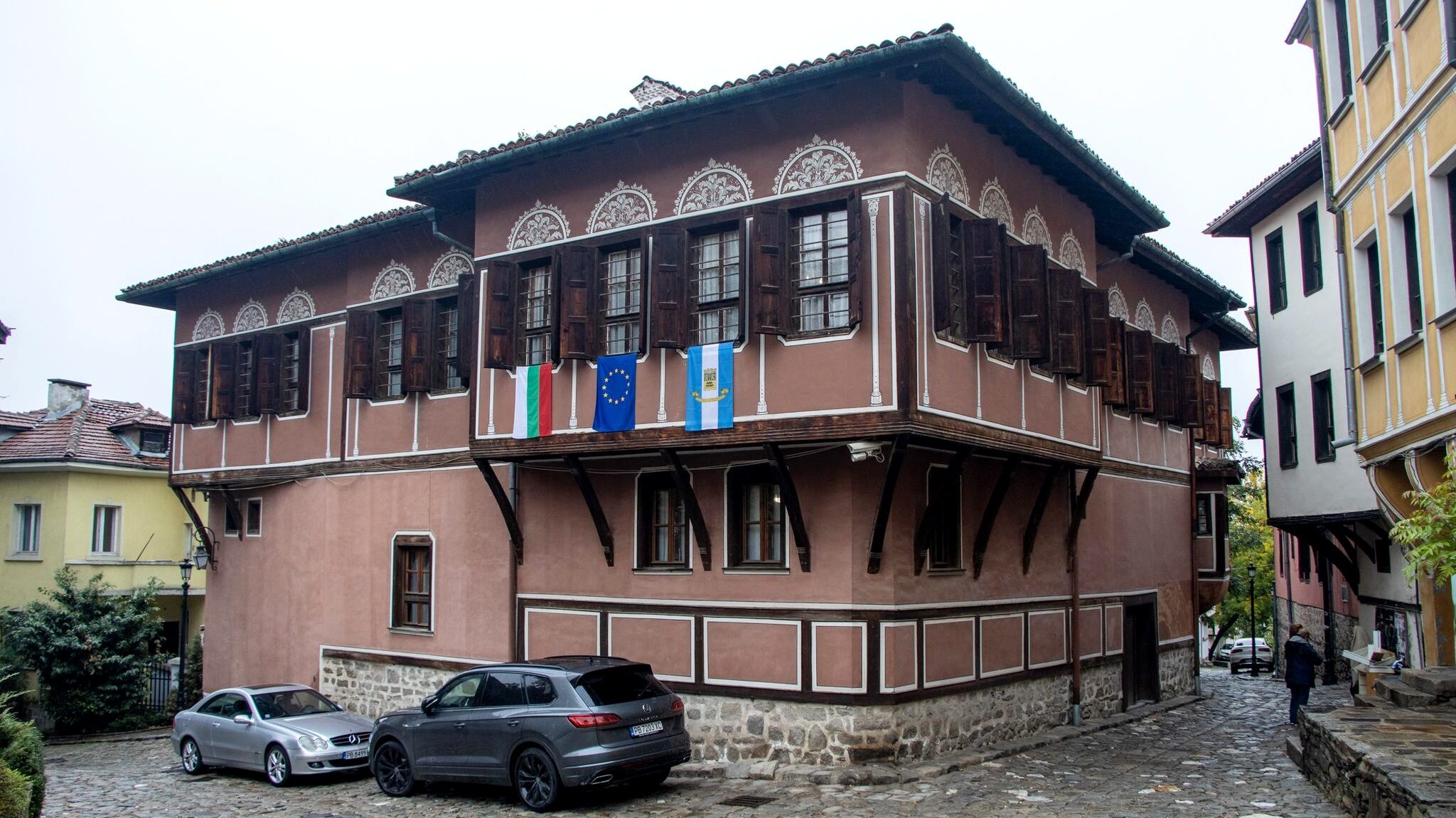 Old building painted brown in Plovdiv.