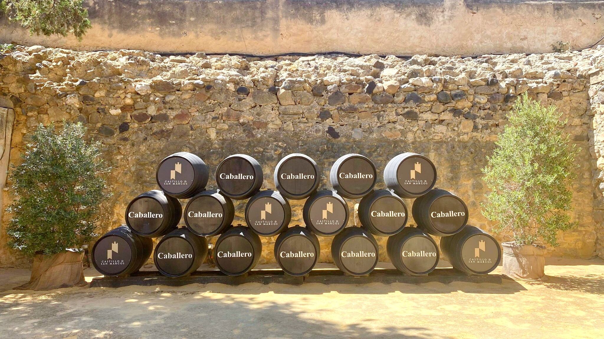 Sherry casks stacked up in castle grounds.