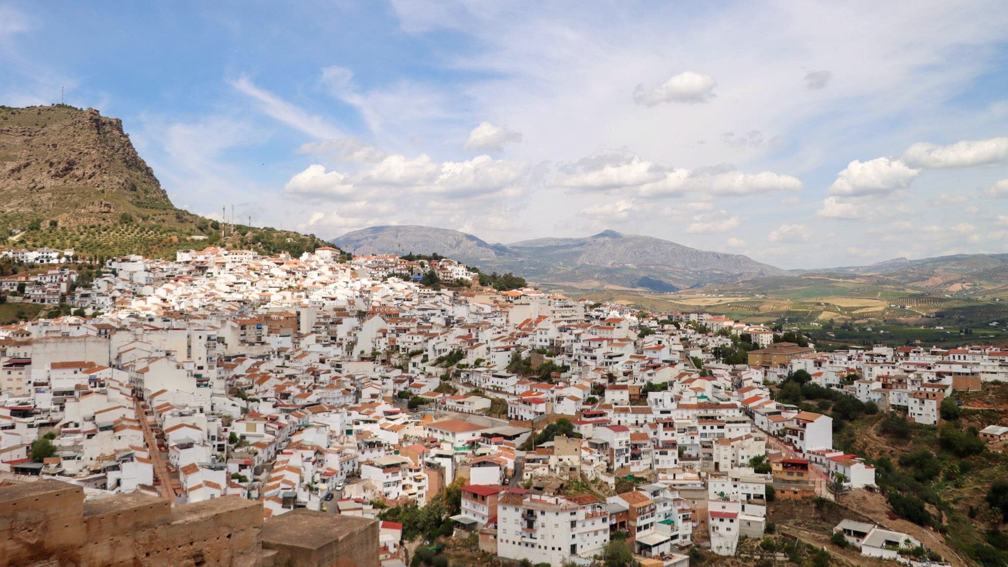 View of white village of Alora from castle.