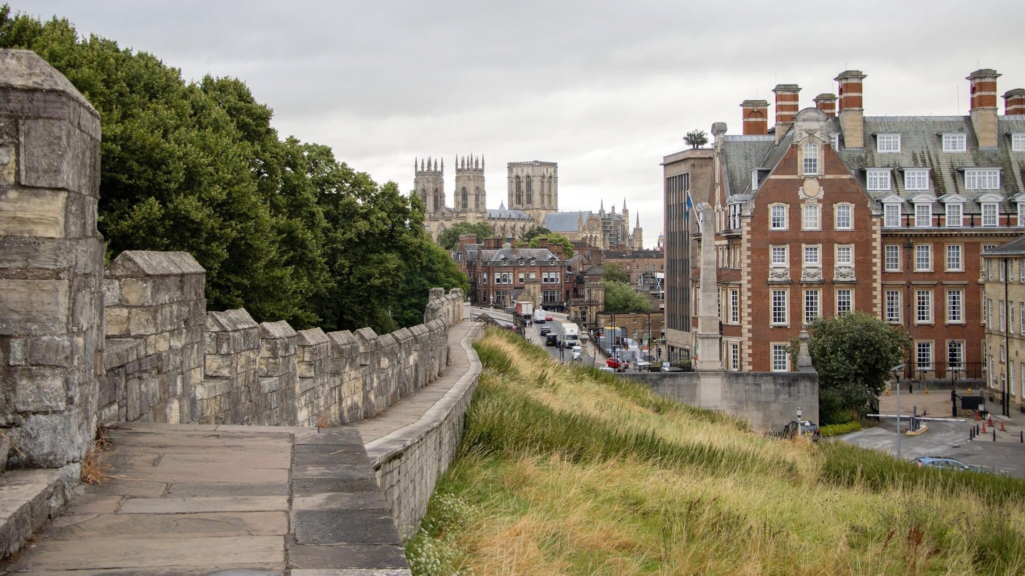 Medieval city walls in York next to hotel.