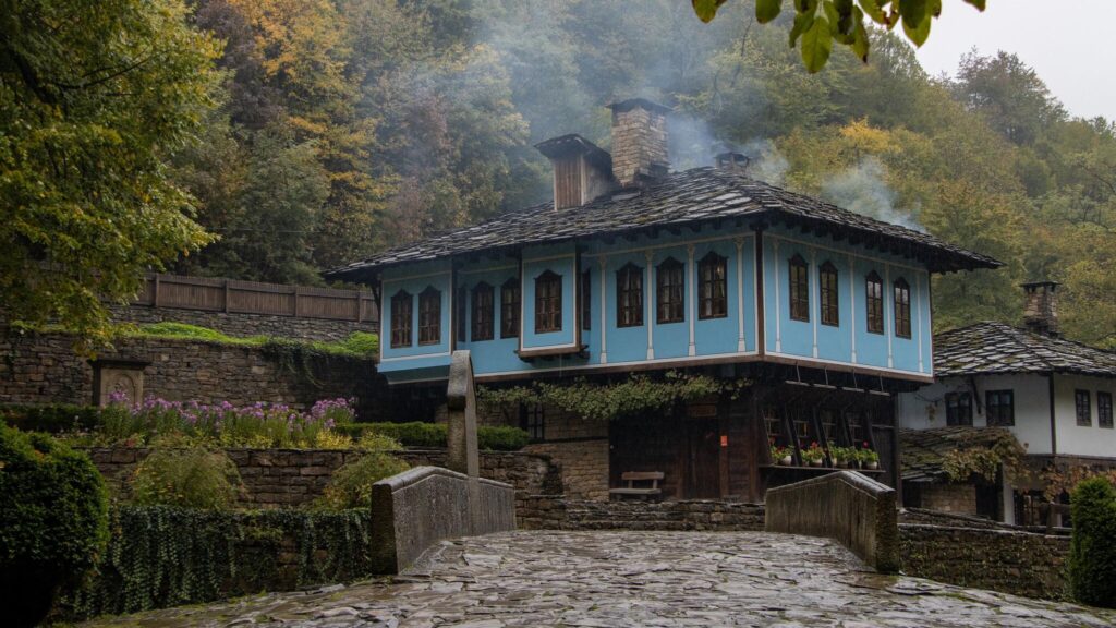 Blue painted traditional Bulgarian house in open air museum.