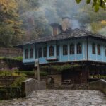 Blue painted traditional Bulgarian house in open air museum.