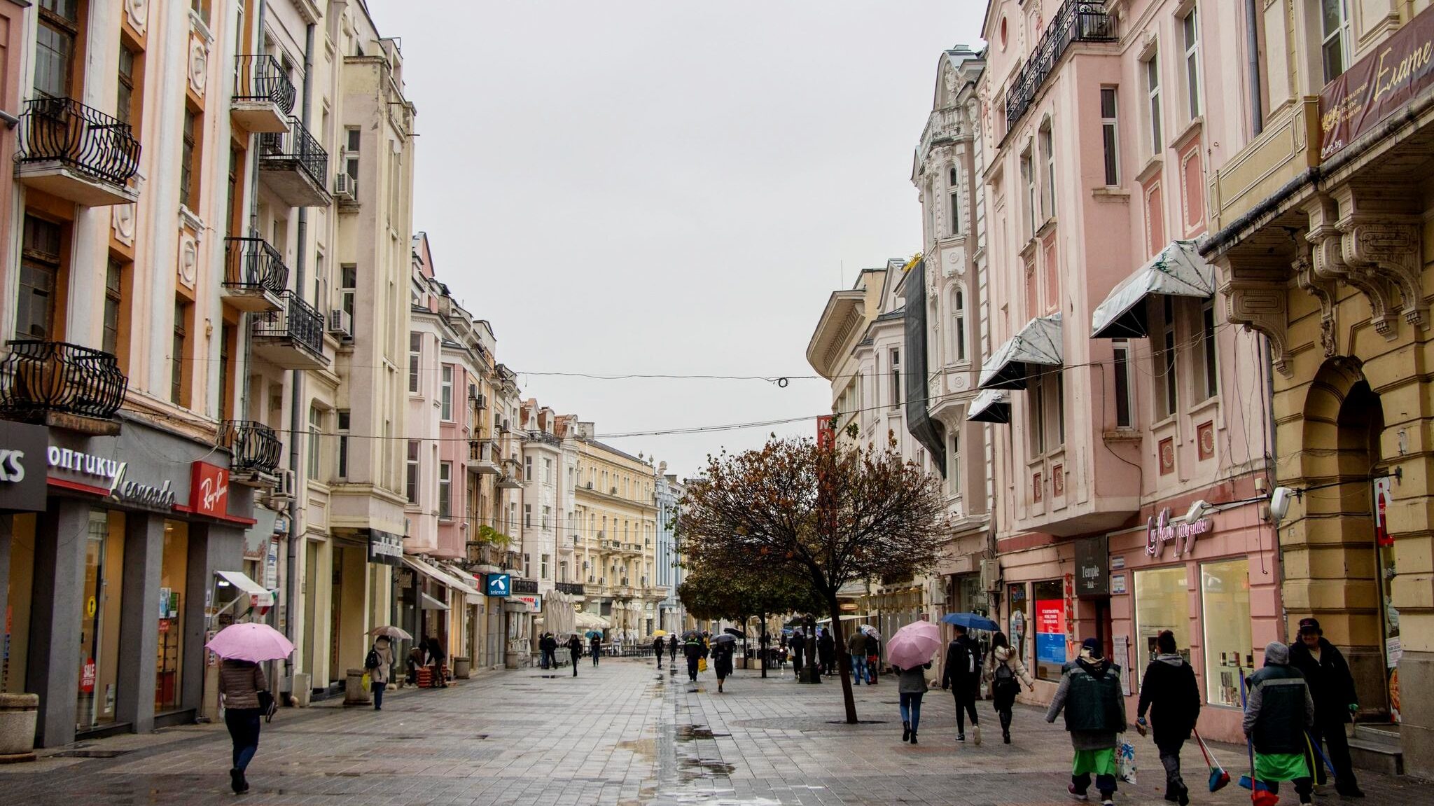 Main shopping street in Plovdiv with colourful buildings. 