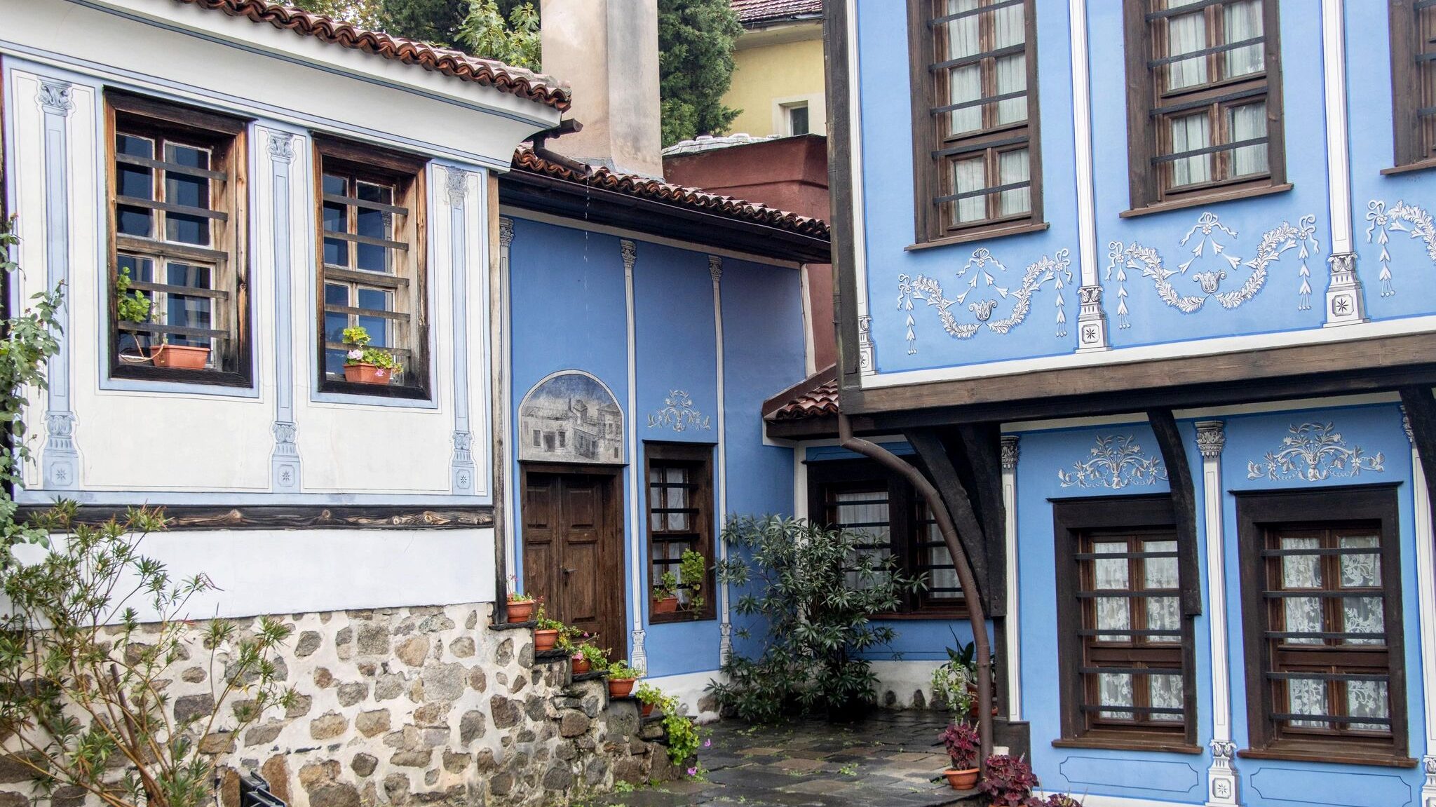 Bright blue traditional house in Plovdiv.