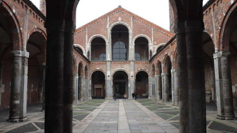 Interior courtyard of Milan's oldest church.