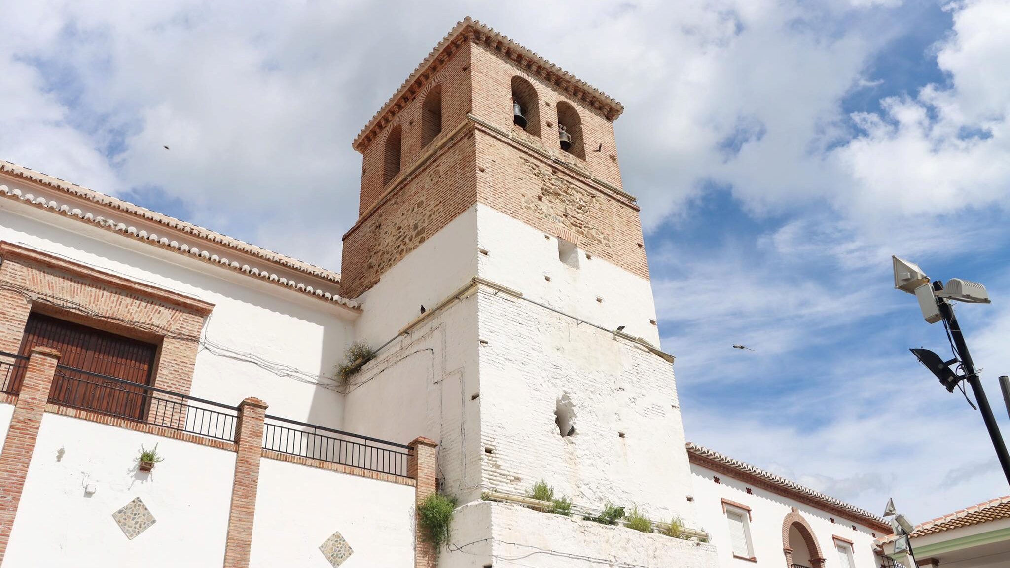 View of church tower from below.