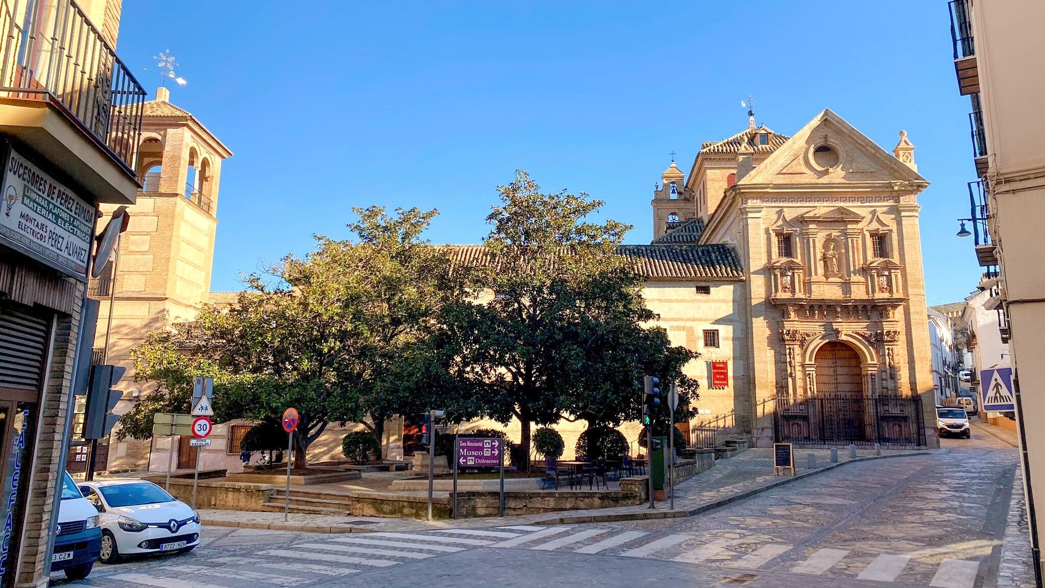 Historic museum hidden behind trees.