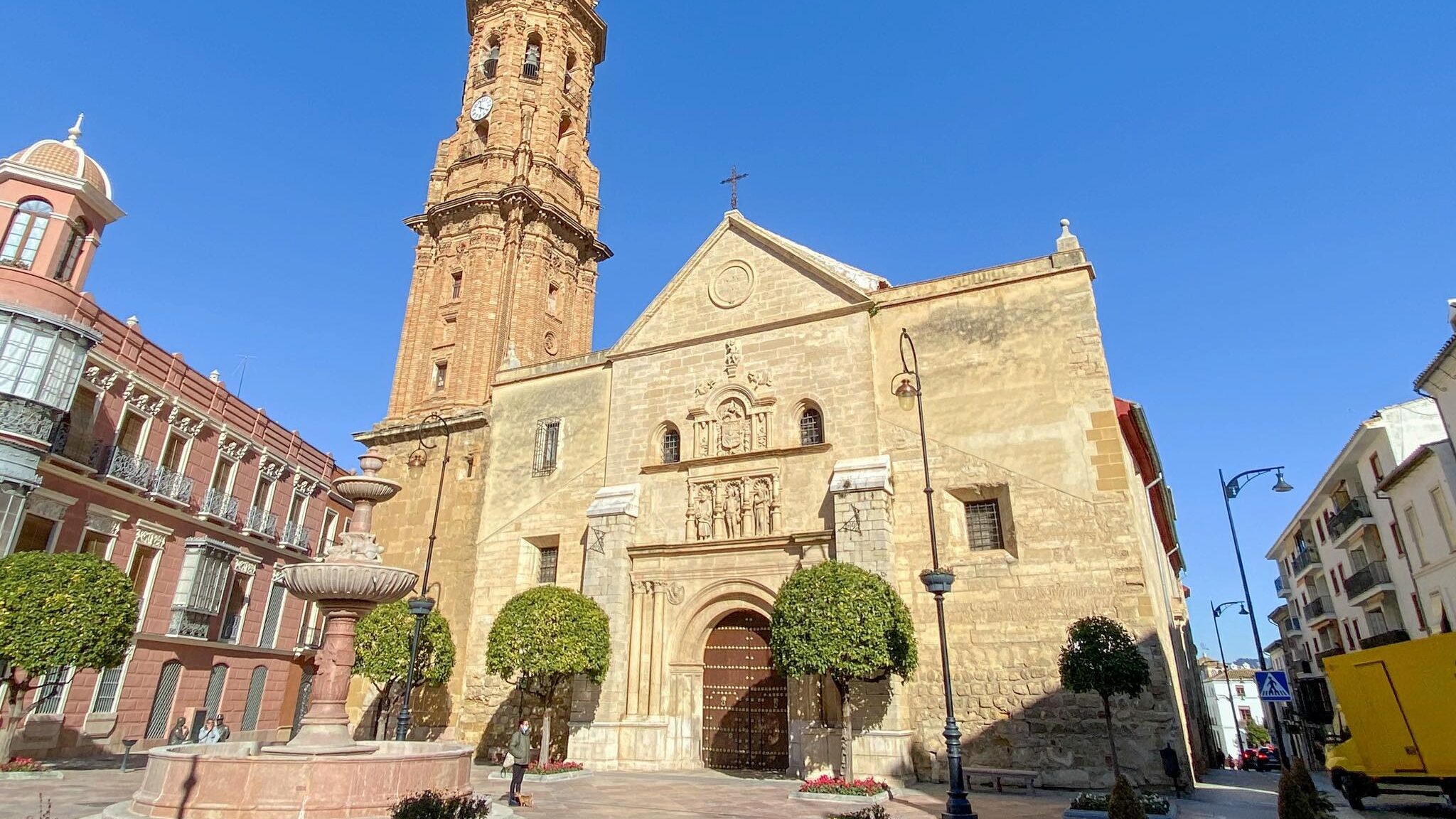 Medieval church in small plaza.