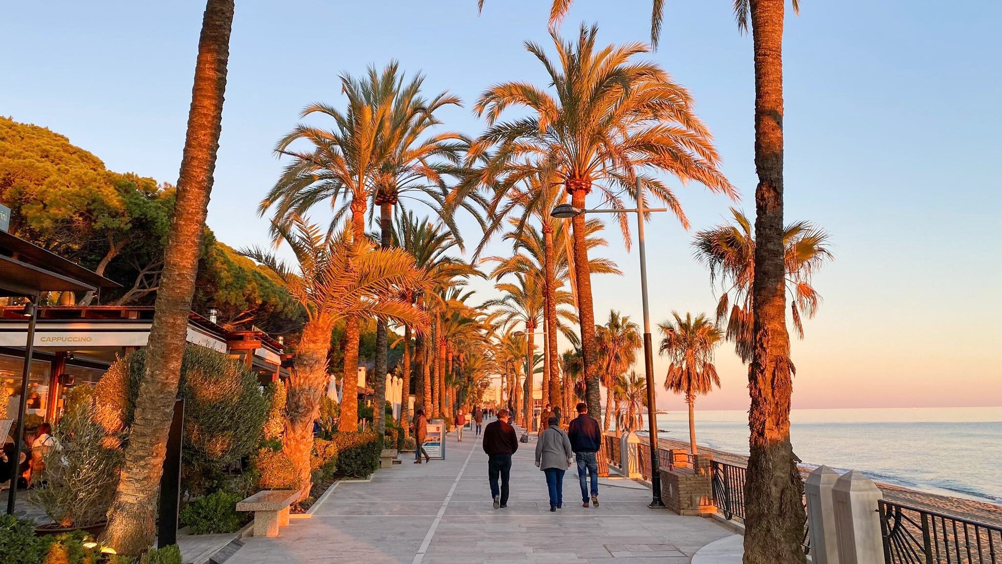 Promenade in Marbella at sunset.