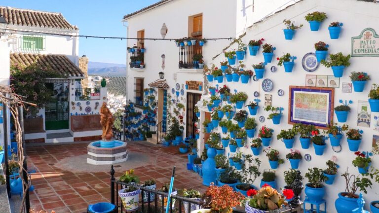 Small patio with blue flower pots against white walls.