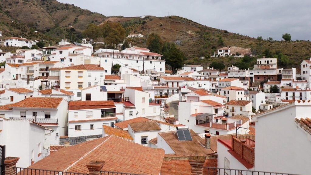 View of white village in Malaga mountains.