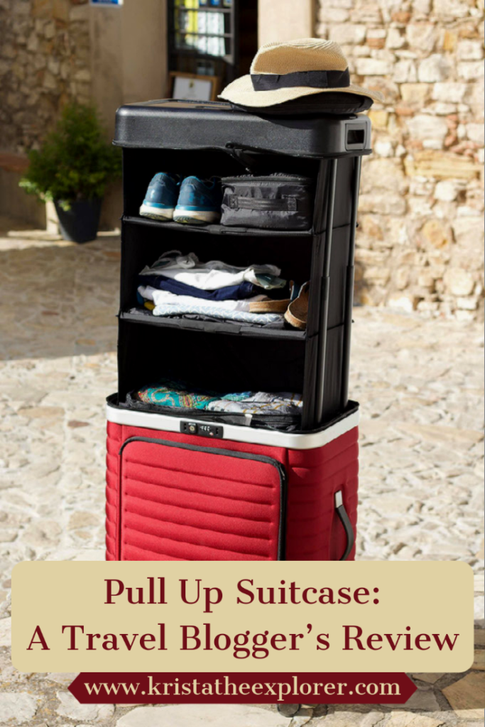 Red and black suitcase with pull up shelves.