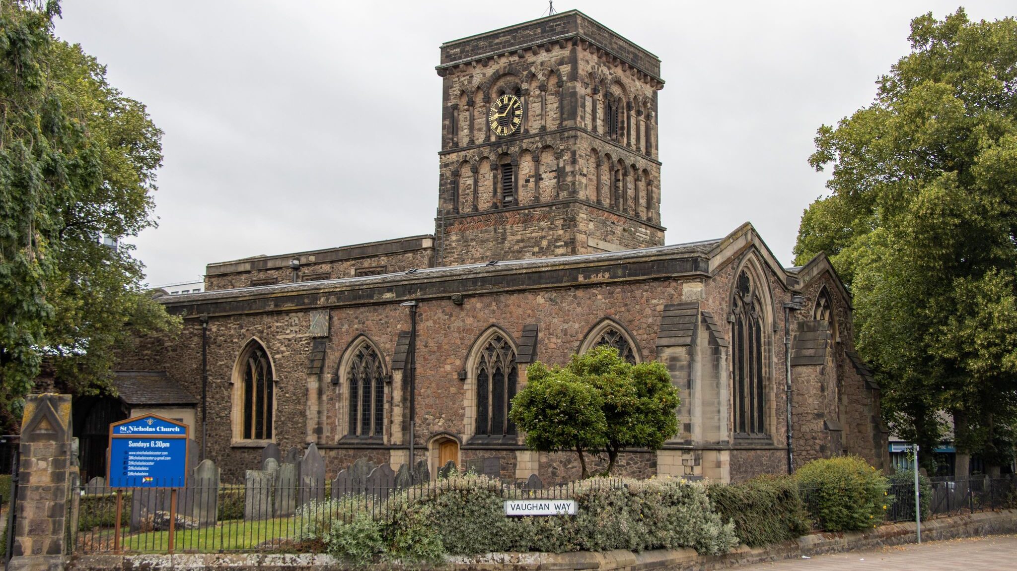 Medieval church with tower.