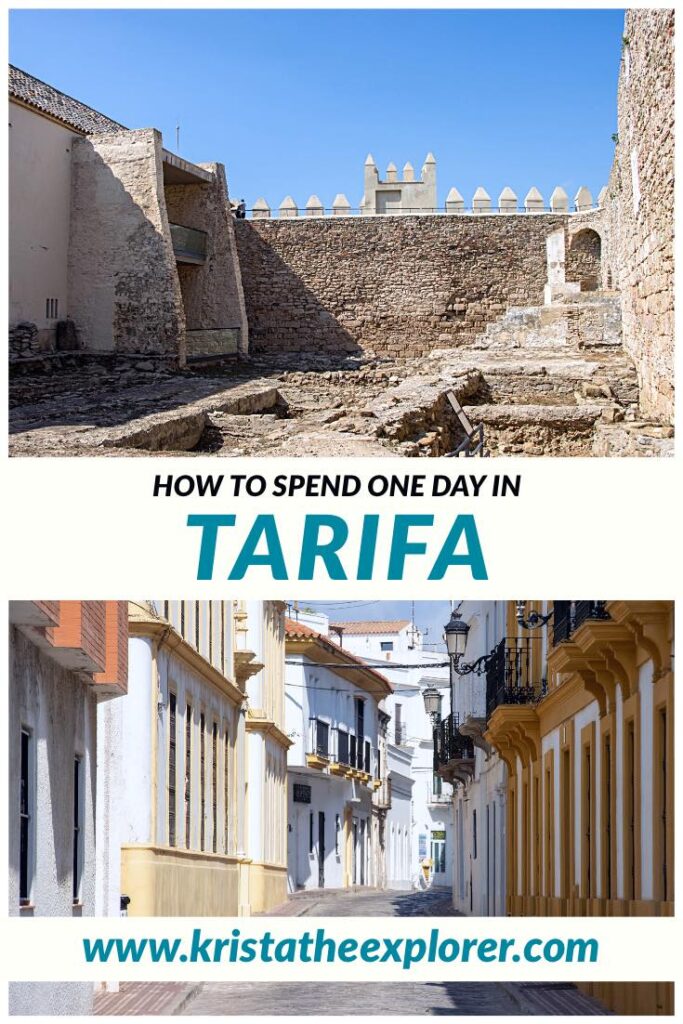 Interior of castle in Tarifa and old town street.