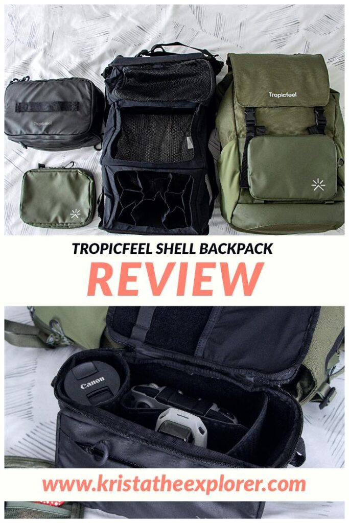 Flat lay of Tropicfeel Shell Backpack on bed.