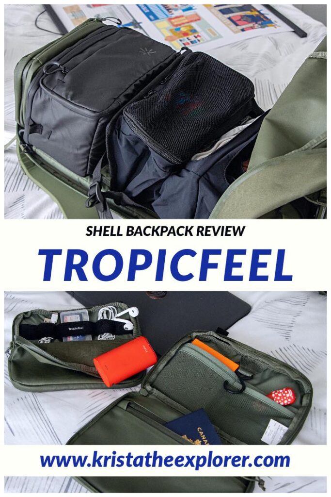 Travel backpack with different accessories inside.