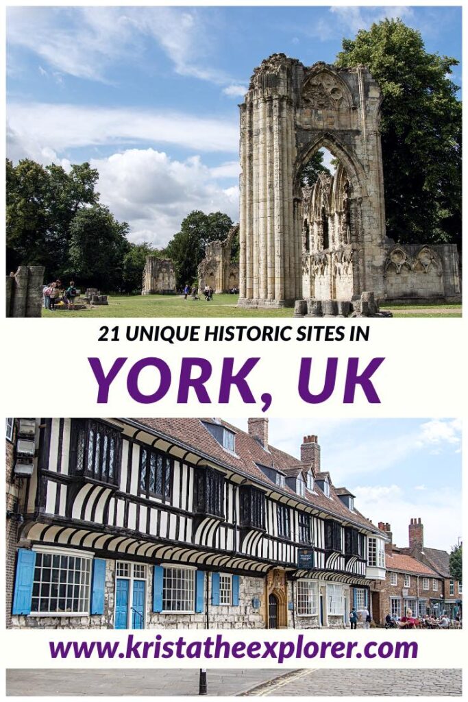 Ruins of abbey in York and Tudor-style building.