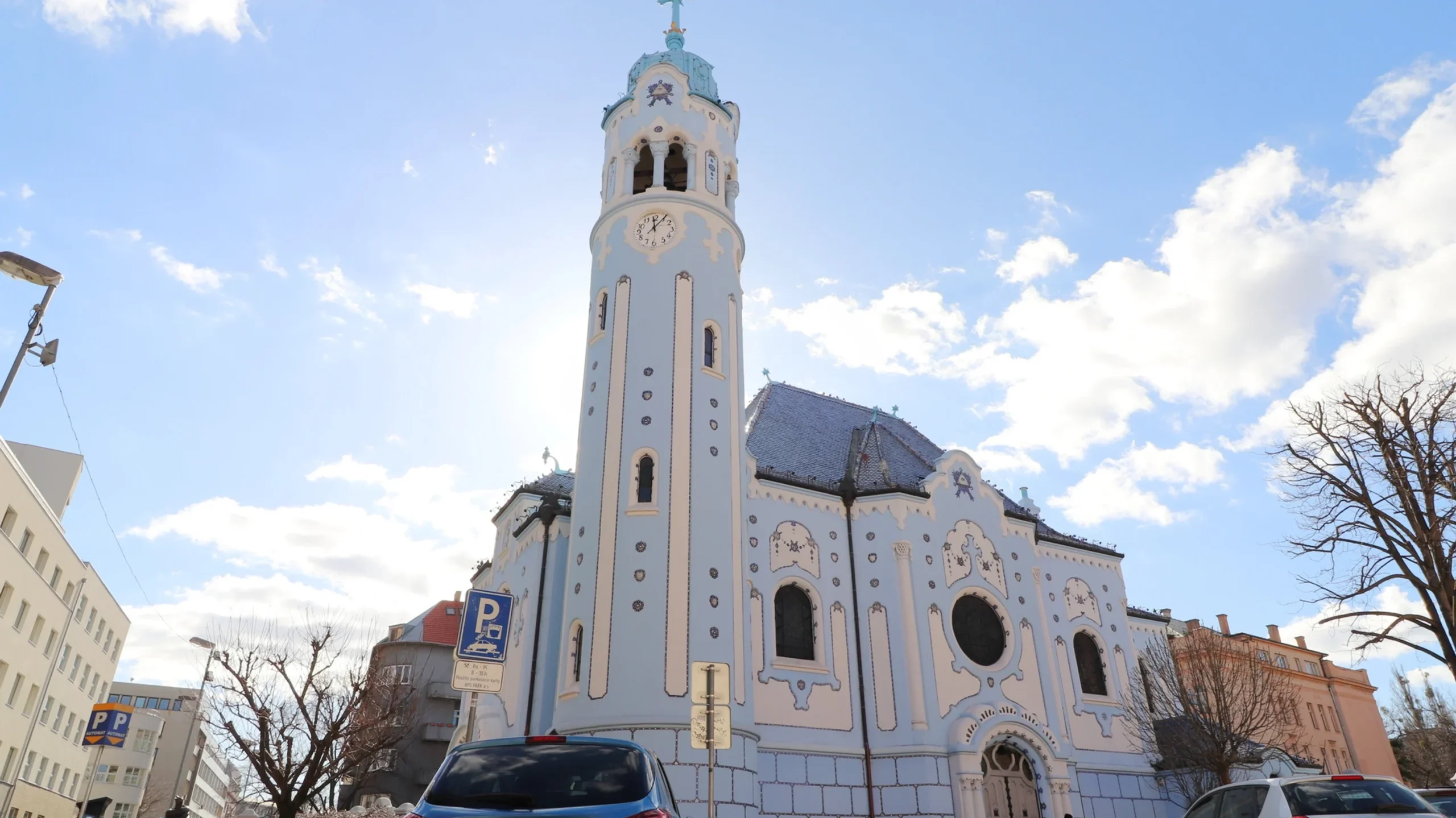 Church in Bratislava painted light blue.