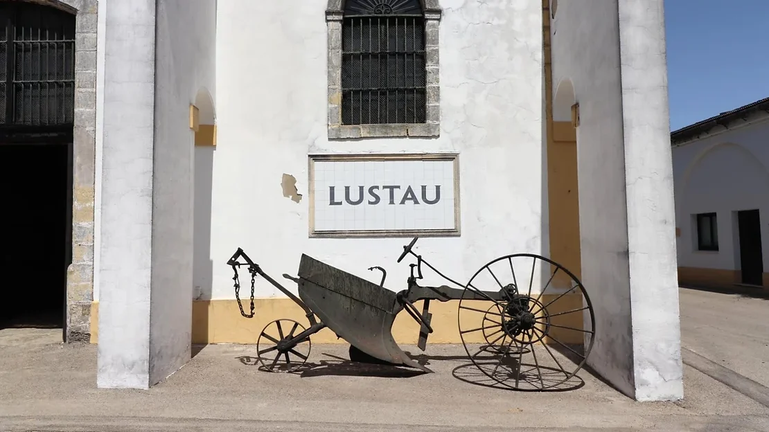 White building inside Lustau Bodegas.