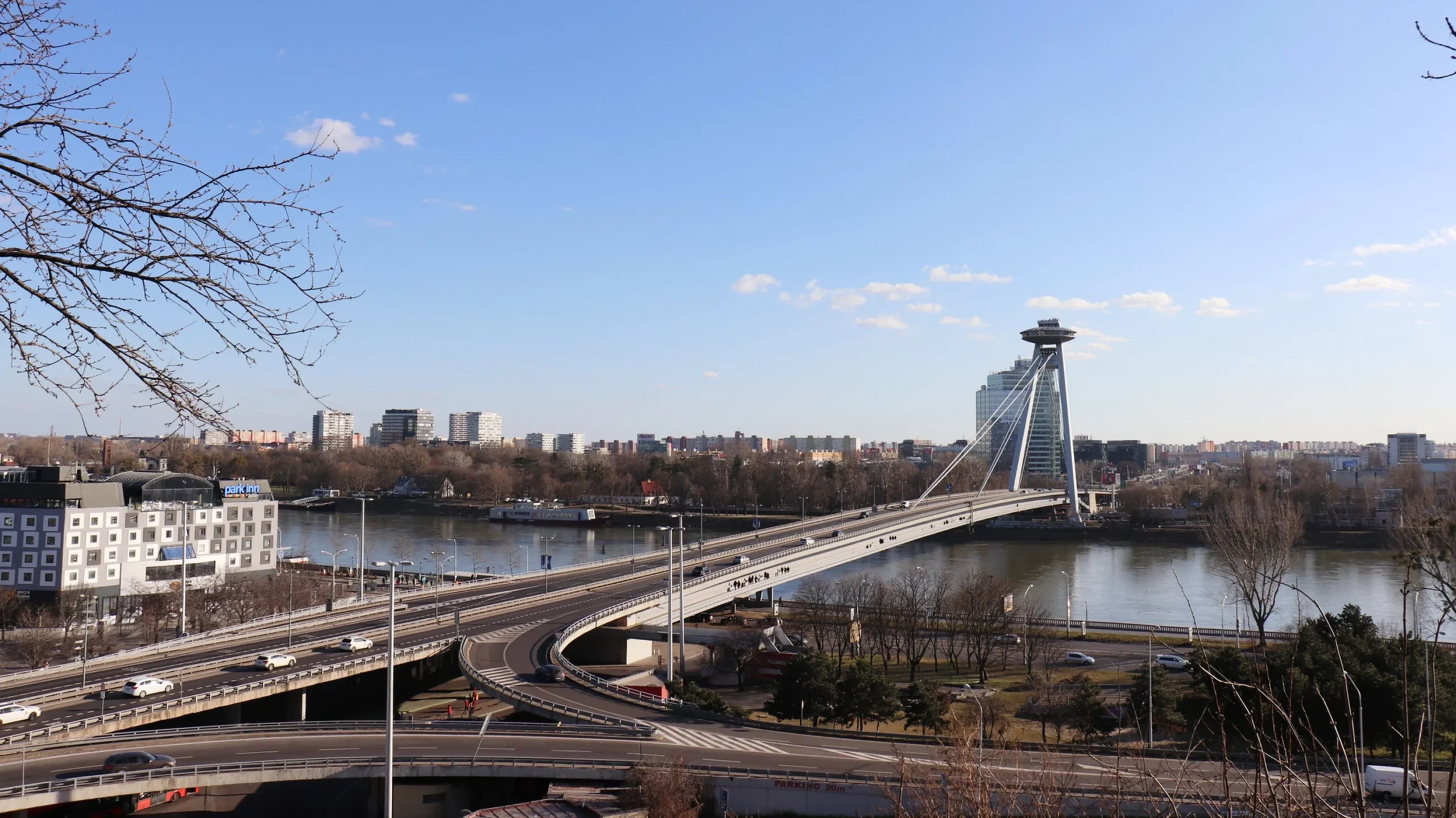 Modern bridge across river in Bratislava.