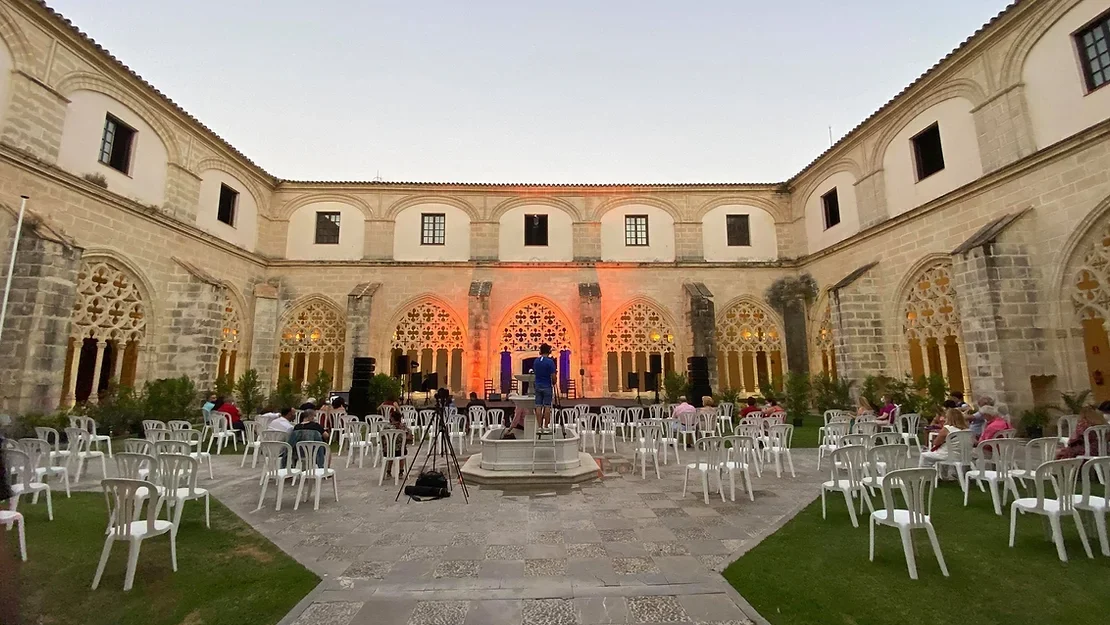 Medieval monastery courtyard set up for flamenco show.