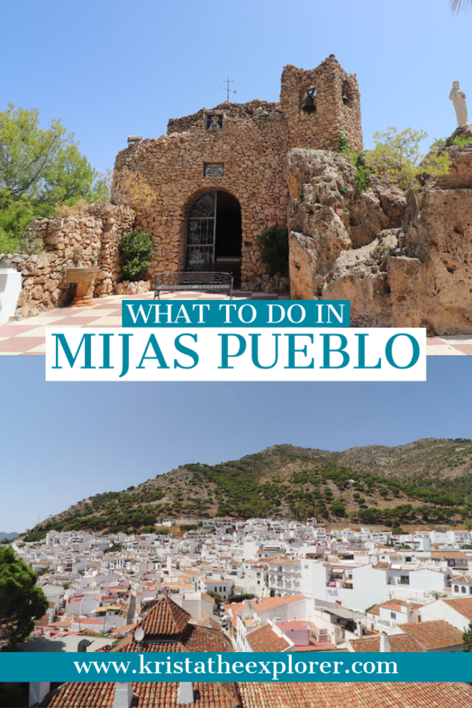 Stone church in Mijas and view of white village.