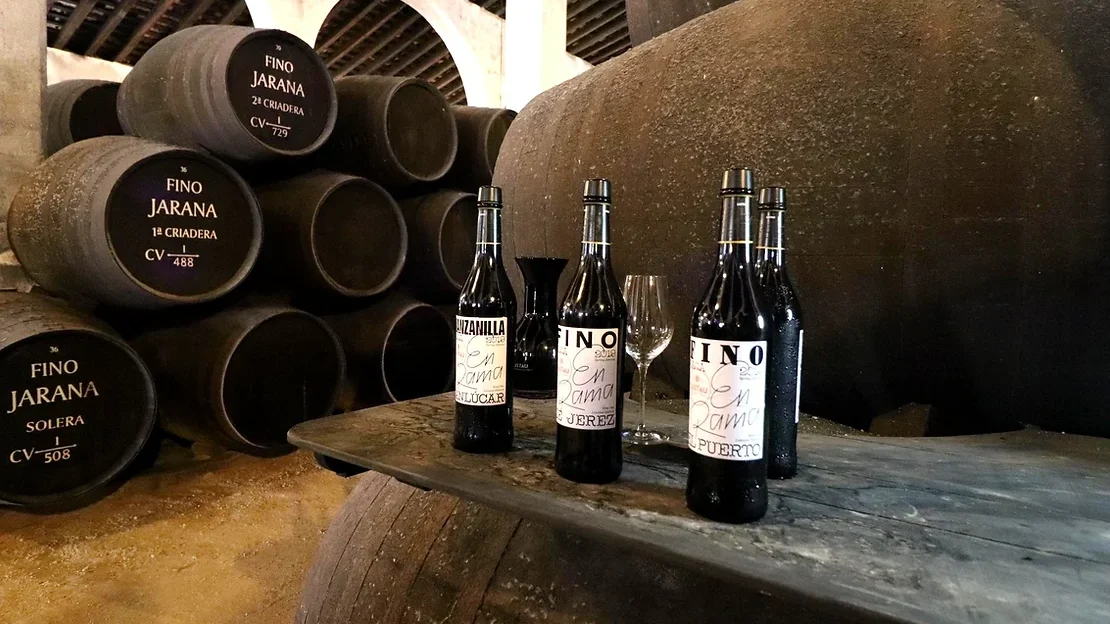 Bottles of Lustau Sherry lined up next to barrels.