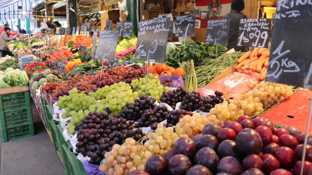 Row of fruits in a market in Vienna.