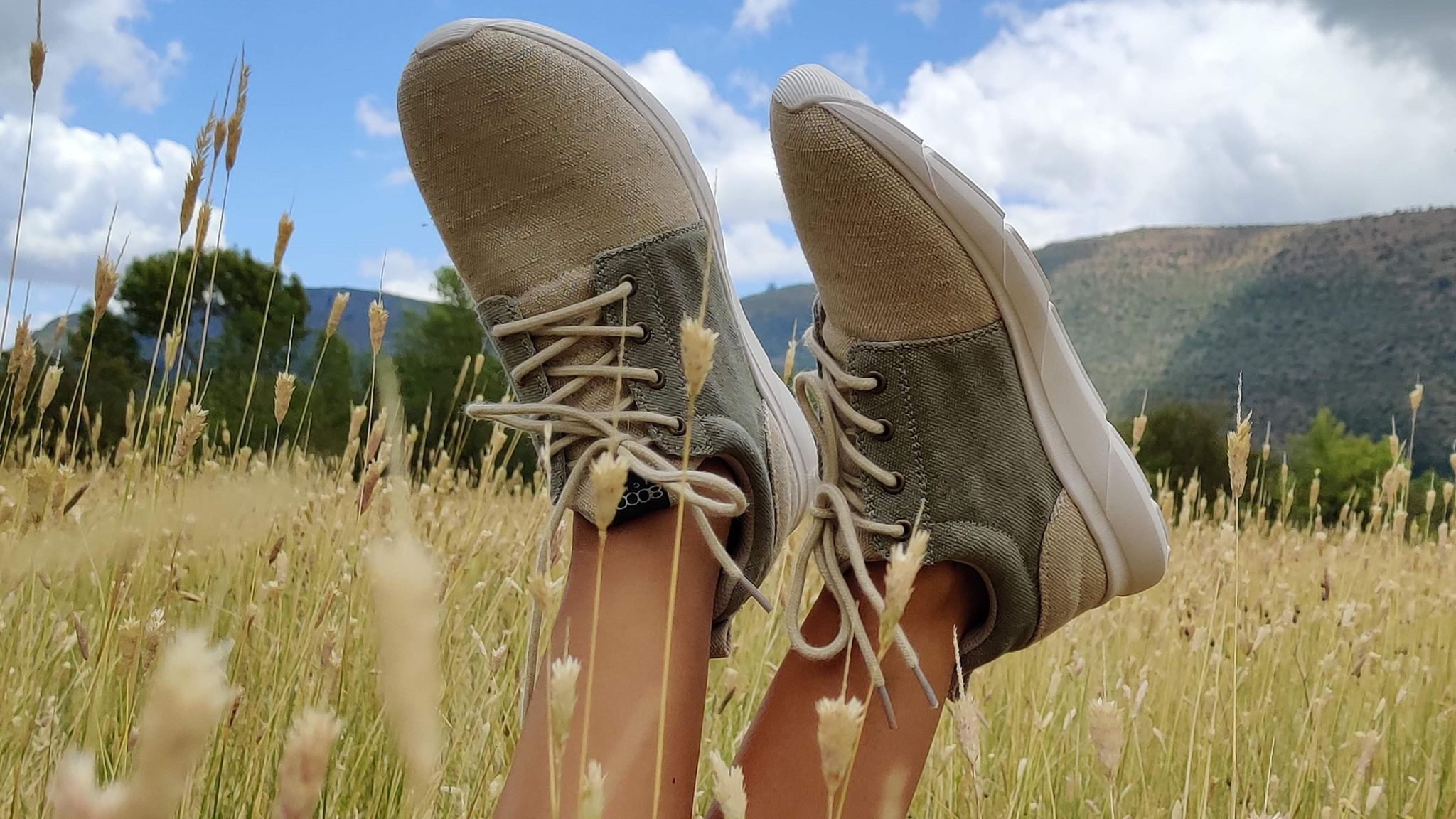 Hemp shoes in a field on sunny day.