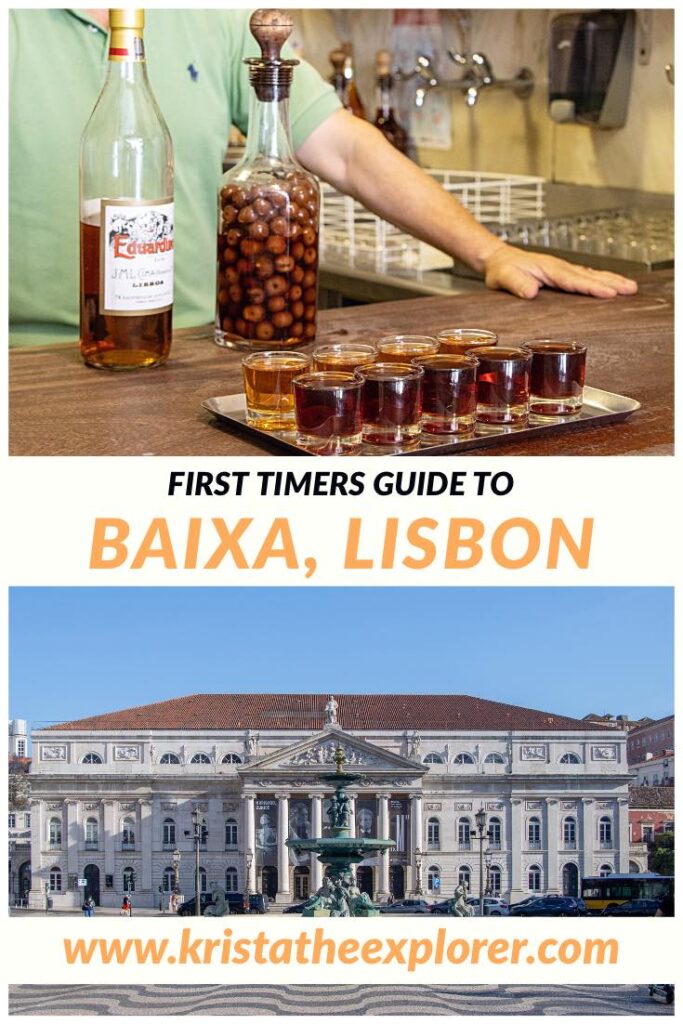 Row of small shot glasses and opera building in Lisbon.