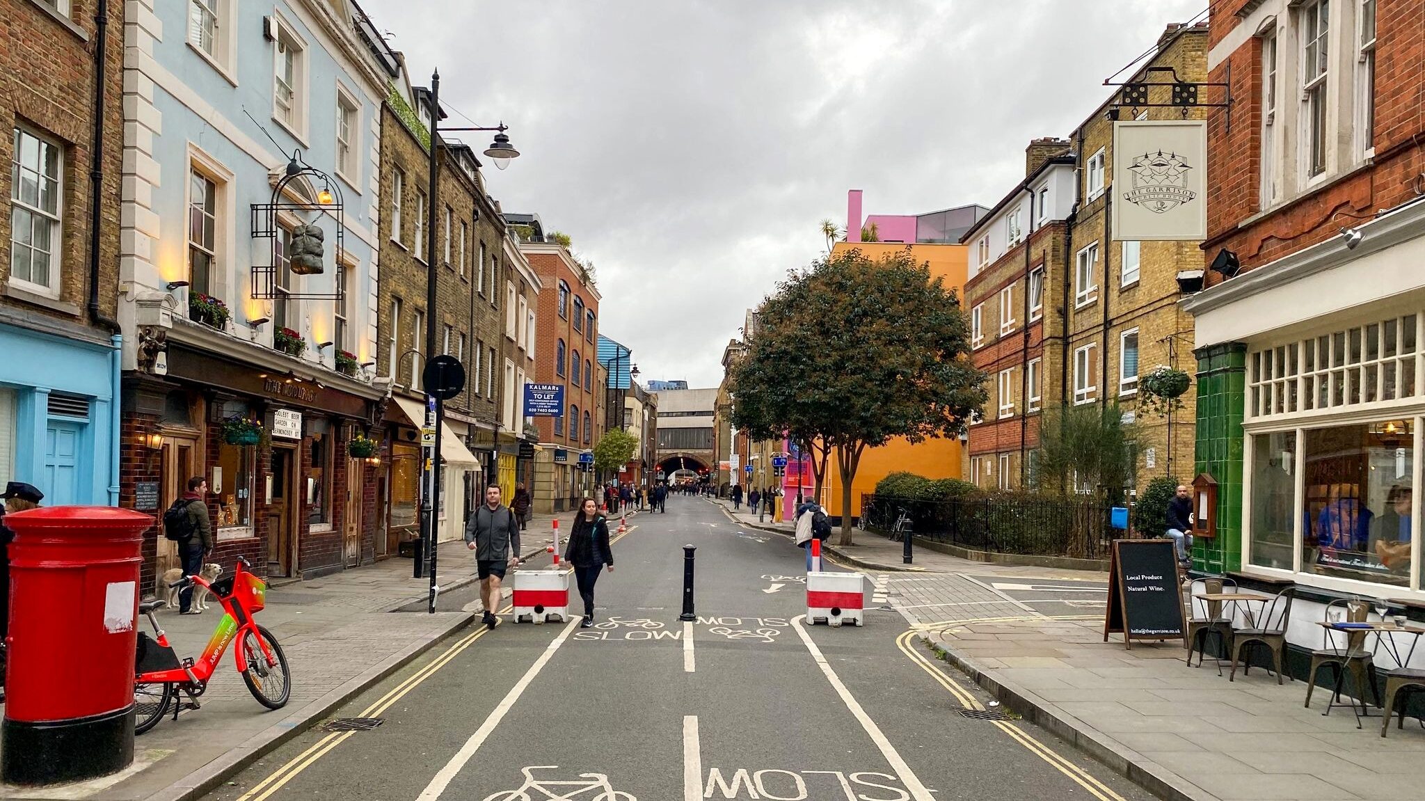 View of street with shops in London.