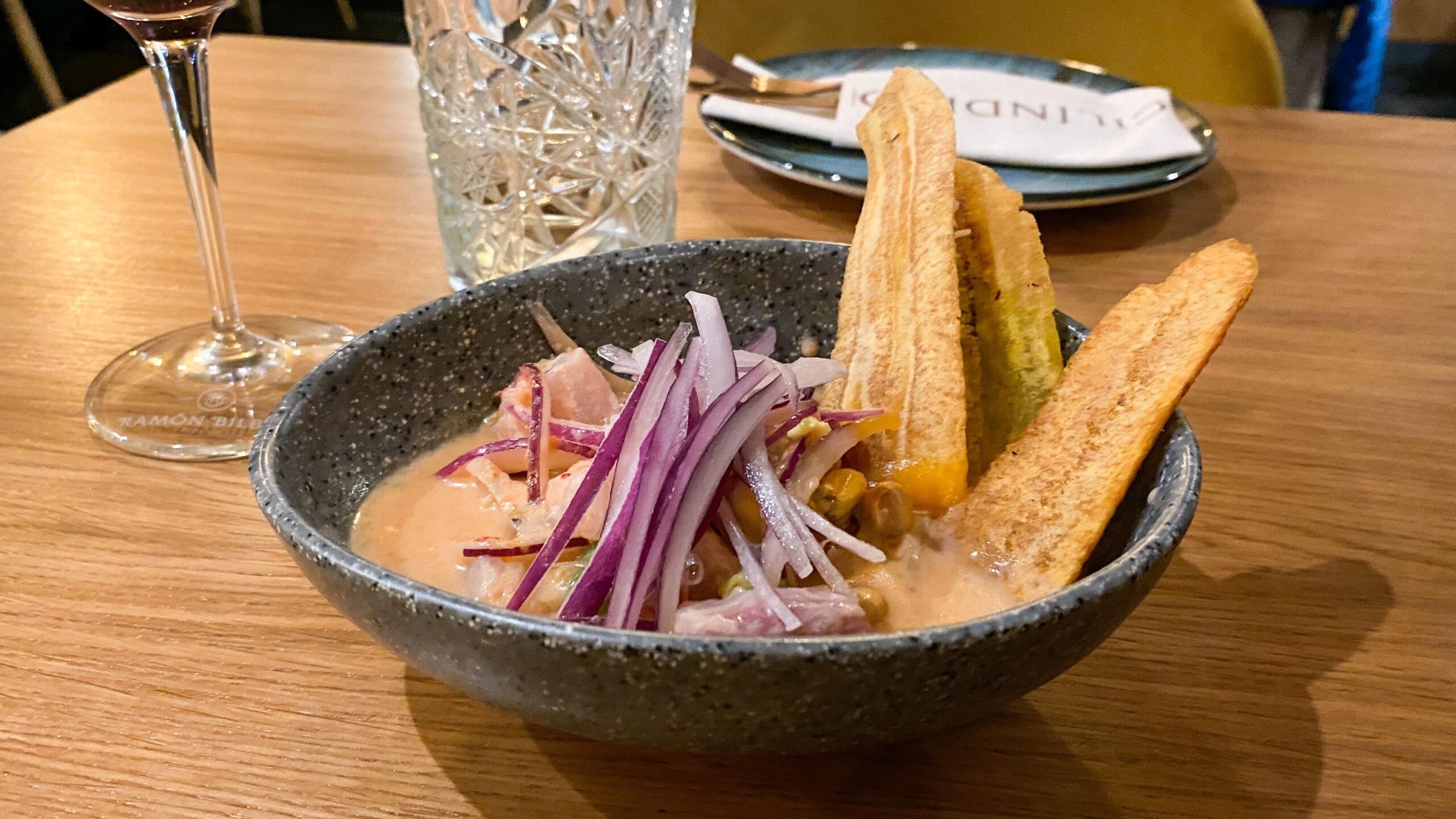 Cold soup served with crackers.