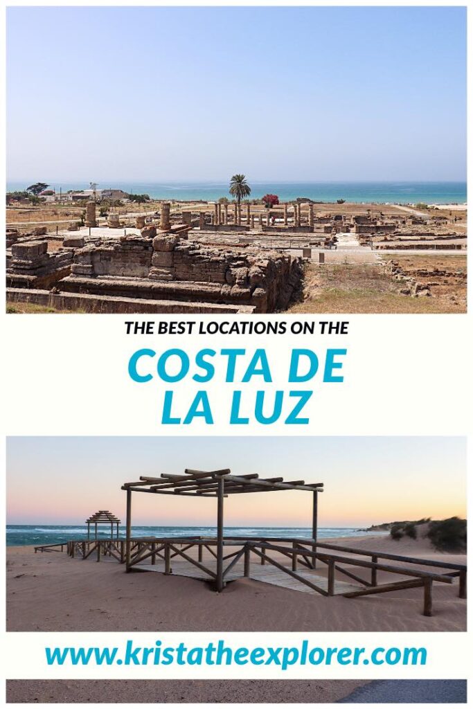 Roman ruins on beach and boardwalk on beach at sunset.