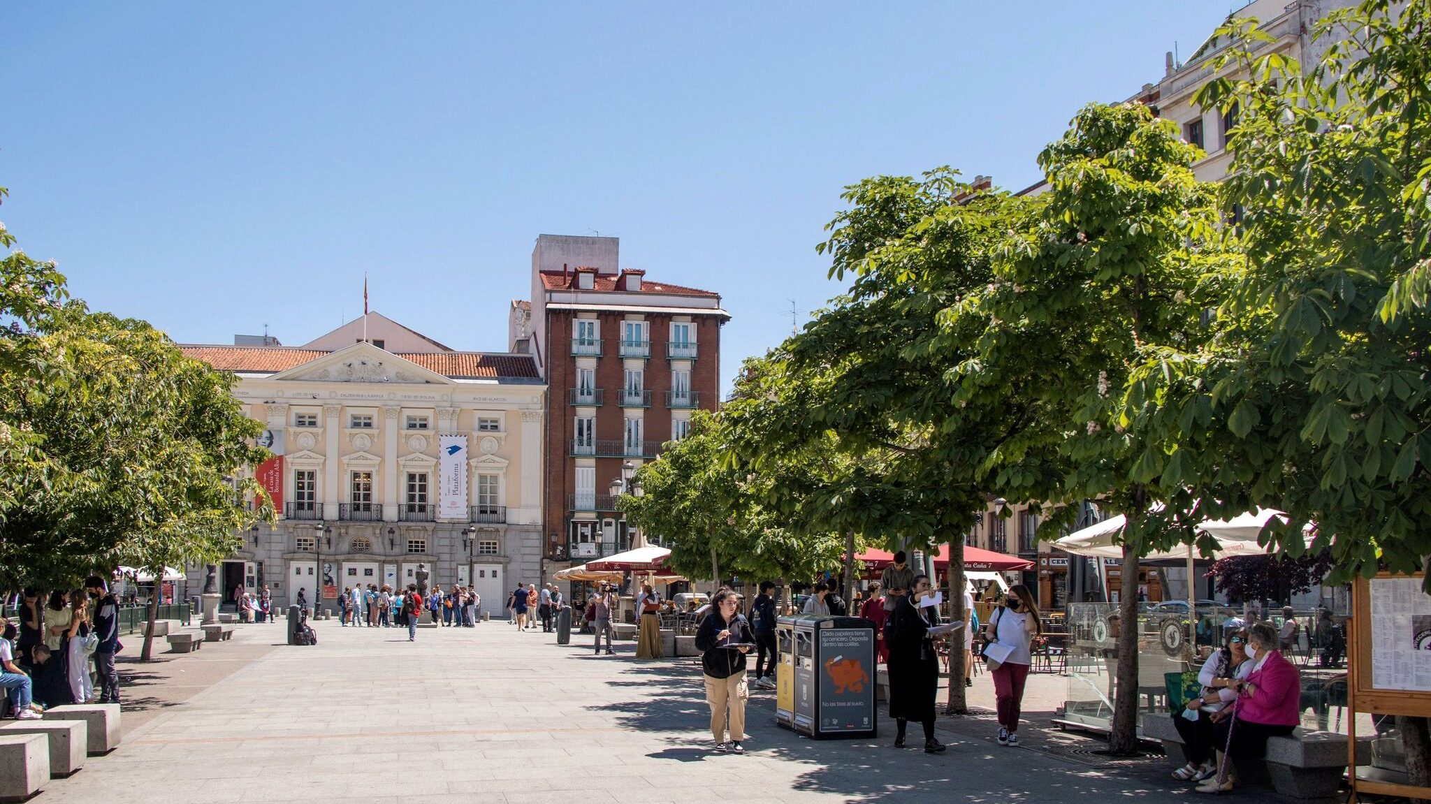 Large open square in Madrid lined with trees.